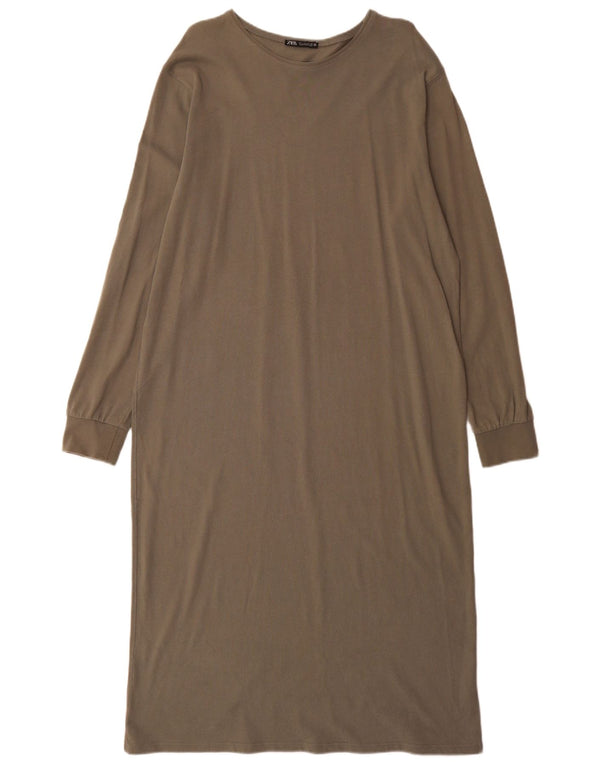 Zara Vestido largo de manga larga para mujer UK 46 Grande Caqui Algodón
