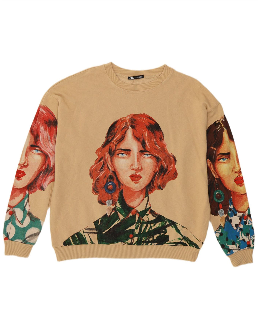 Zara Mujer Patrón Abstracto Sudadera Jumper UK 46 Grande Algodón Beige