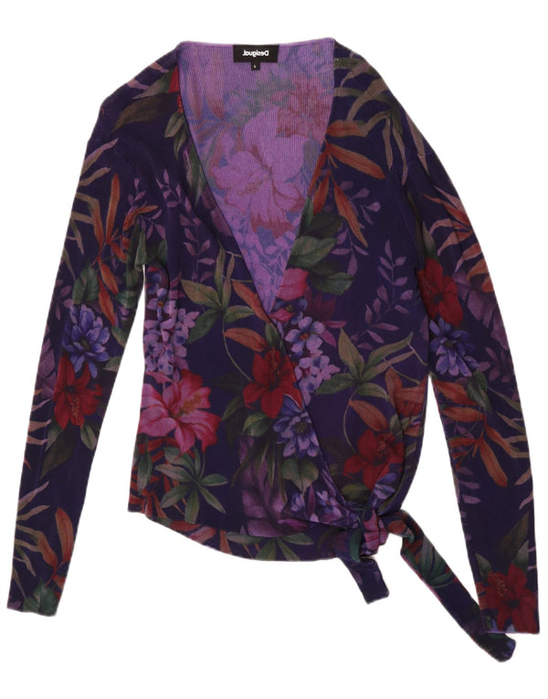 Desigual Mujer Wrap Cardigan Top Reino Unido 40 Grande Púrpura Floral