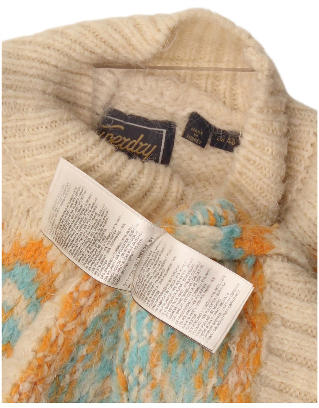 Superdry Suéter tipo jersey con cuello alto para mujer, talla 40, color beige medio, Fair Isle