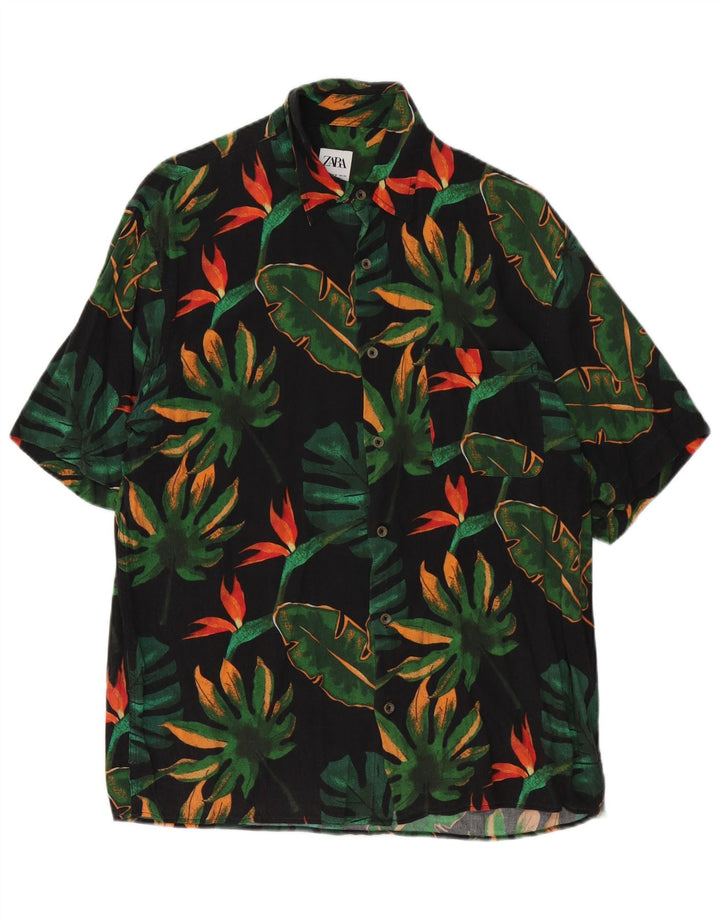 Zara Hombre Camisa Manga Corta Viscosa Floral Negra Mediana