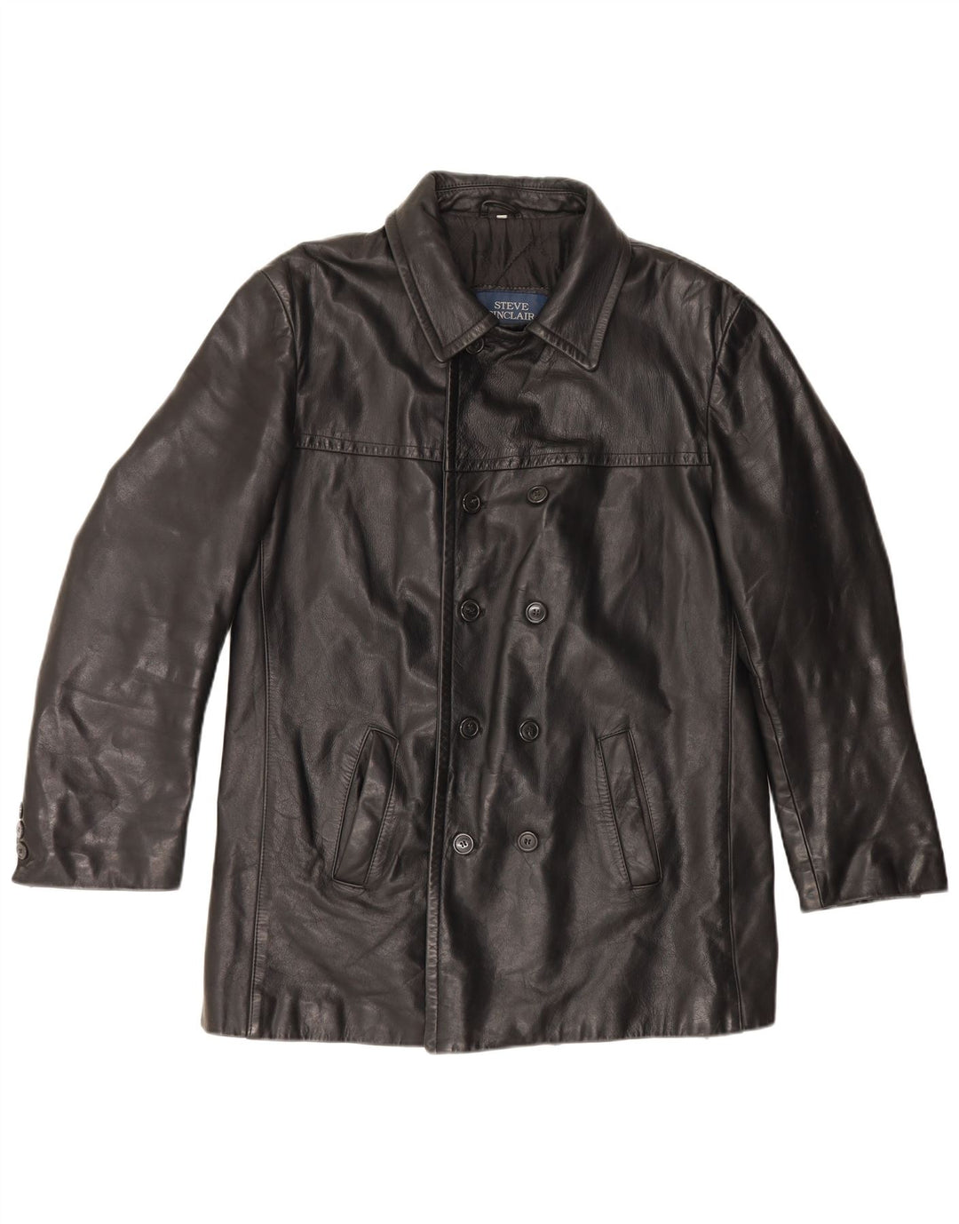 Vintage hombres doble pecho chaqueta de cuero IT 50 cuero negro grande