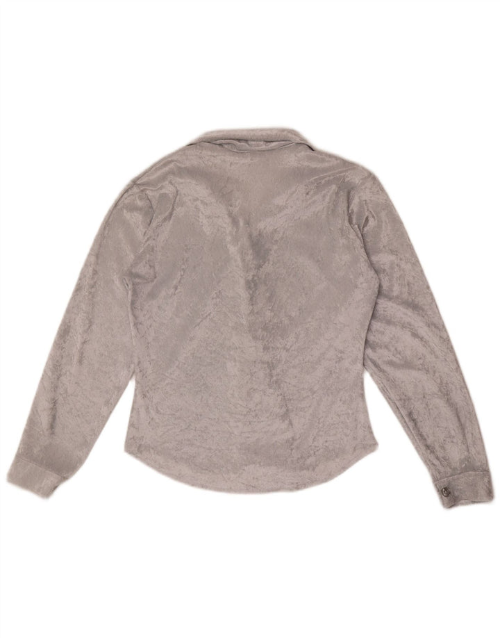 Vintage mujer Velour camisa blusa Reino Unido 12 poliéster gris medio