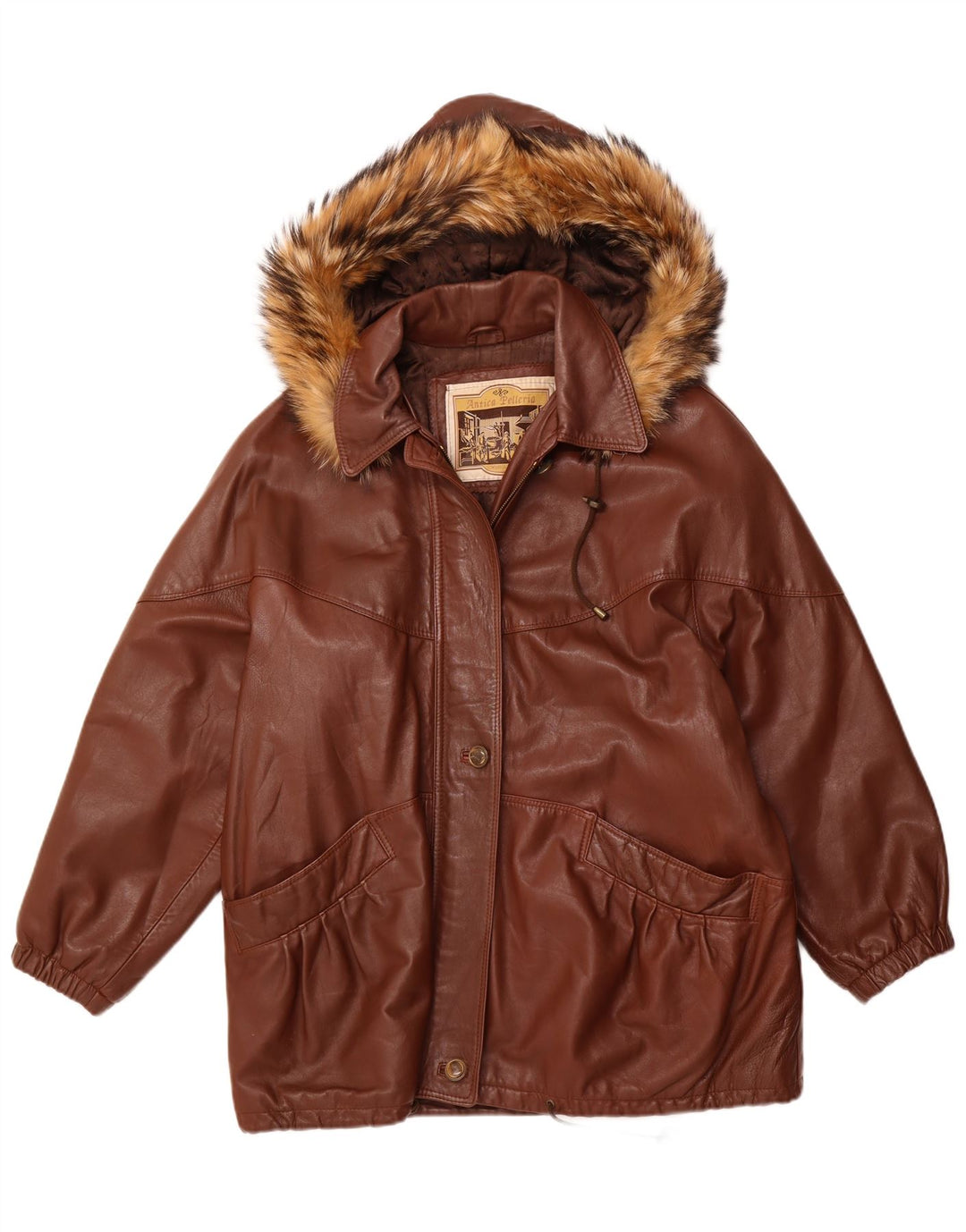 ANTICA PELLERIA Chaqueta oversize con capucha para mujer IT 44 Cuero marrón medio