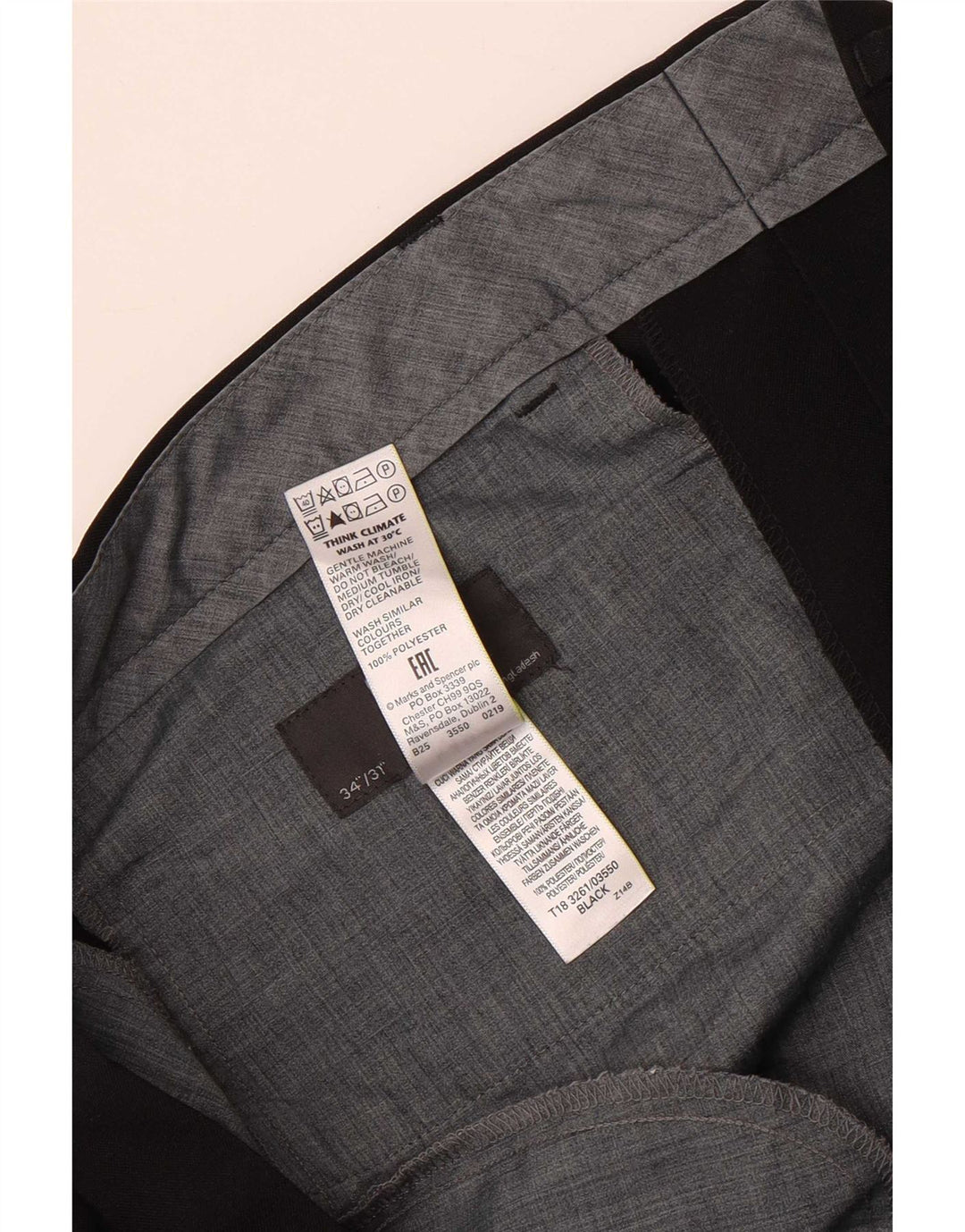Marks & Spencer Pantalón de traje regular recto para hombre W34 L31 Poliéster negro