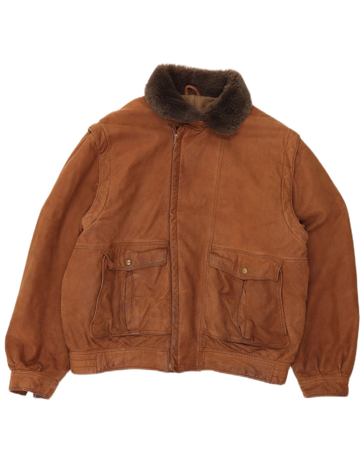 VINTAGE Chaqueta de cuero para hombre IT 52 XL Bloque de color marrón
