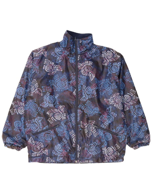 Vintage hombres gráfico cortavientos chaqueta Reino Unido 42 XL azul marino geométrico
