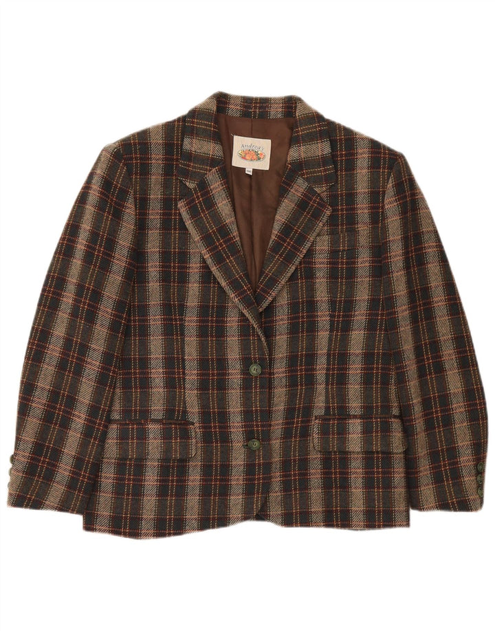 Vintage mujer 2 botones Blazer chaqueta IT 44 lana de cuadros marrón medio