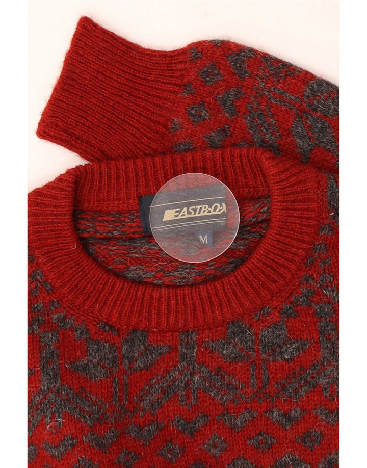 Vintage hombres cuello redondo jersey suéter medio rojo Fair Isle Retro