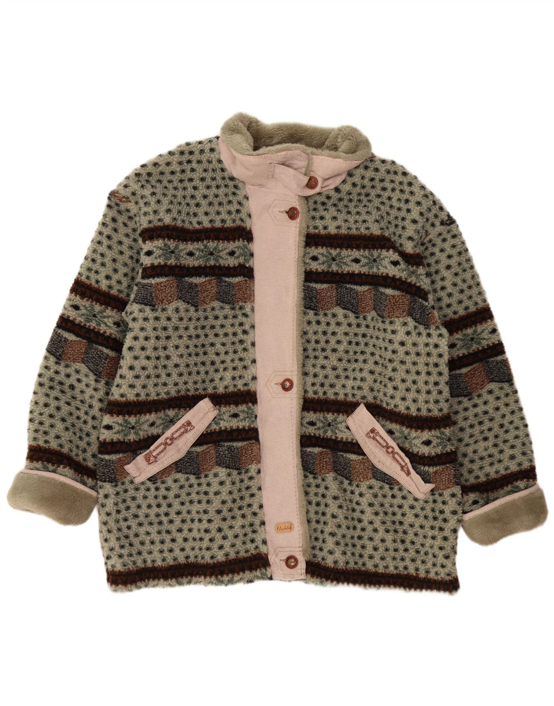 VINTAGE Chaqueta polar para mujer Reino Unido 14 Poliéster verde grande Fair Isle