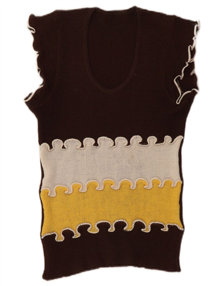 Vintage mujer chaleco camiseta sin mangas Reino Unido 8 pequeño marrón colorblock