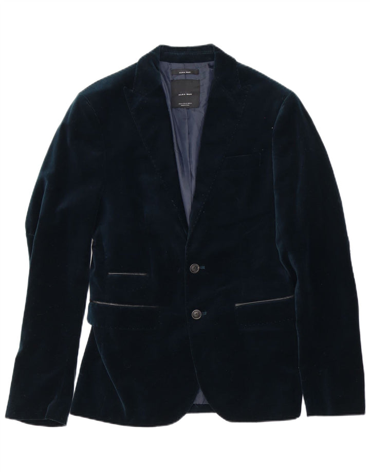 Zara Chaqueta tipo blazer de terciopelo con 2 botones para hombre EU 46 Small Poliéster azul marino