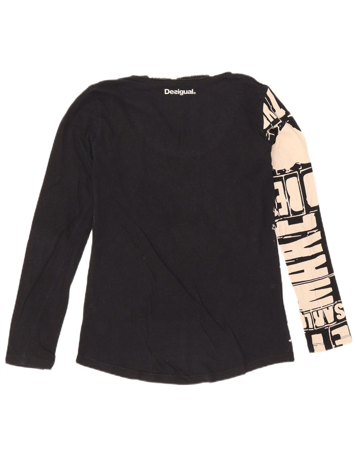 Desigual Mujer Gráfico Top Manga Larga Reino Unido 12 Medio Negro Algodón