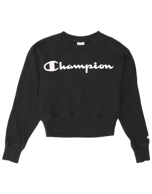 Champion Womens Crop Graphic Sweatshirt Jumper UK 14 Medium Black Cotton