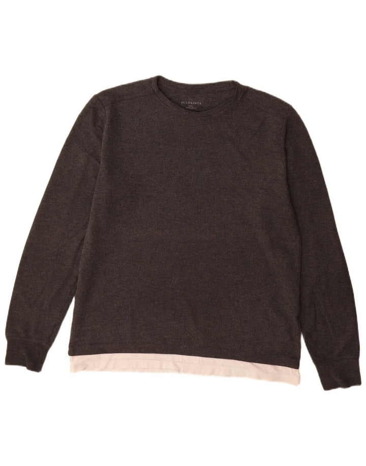 All Saints Suéter tipo jersey con cuello barco y corte largo para hombre, talla pequeña, gris