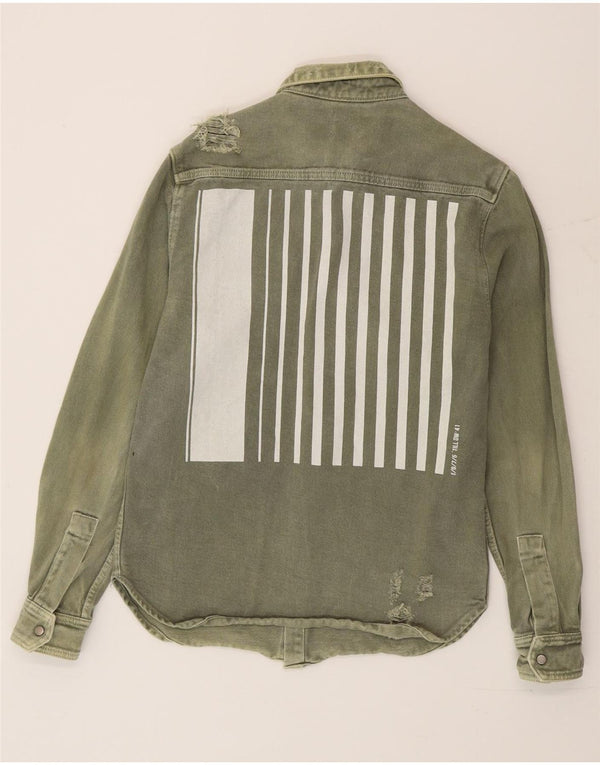 Zara Hombre Camisa Vaquera Con Gráfico Desgastado Algodón Color Block Verde Pequeño