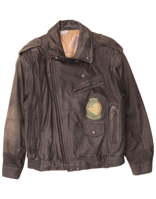 Vintage hombres militar gráfico chaqueta de cuero IT 50 grande negro