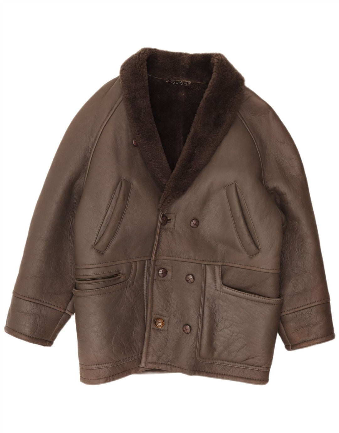 Vintage hombres doble pecho shearling chaqueta IT 50 cuero marrón grande