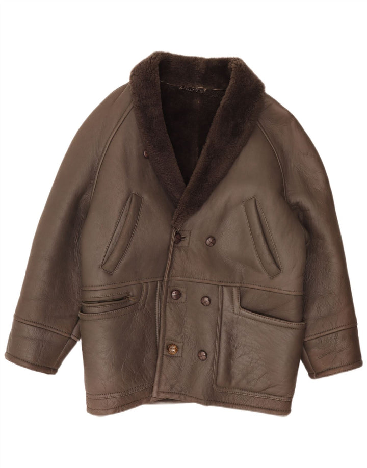 Vintage hombres doble pecho shearling chaqueta IT 50 cuero marrón grande