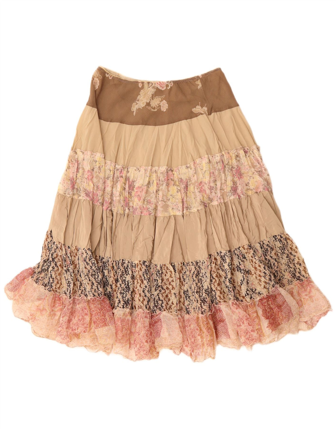 Vintage mujer cintura baja falda gitana Reino Unido 10 pequeño W30 poliéster beige