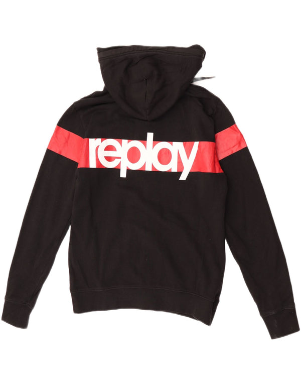 Replay Mens Graphic Zip Hoodie Sweater Medium Black Colourblock Cotton