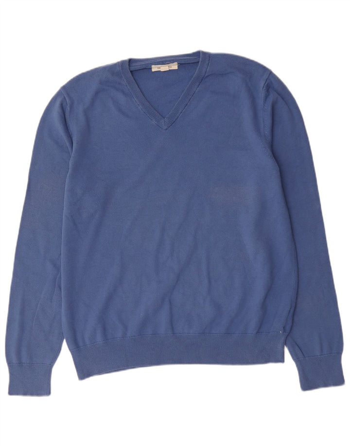 Marks & Spencer Jersey con cuello en V para hombre, talla grande, algodón azul