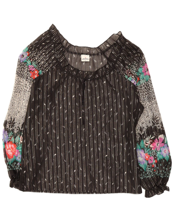 Vintage mujer manga larga ver a través de blusa top EU 42 grande negro floral