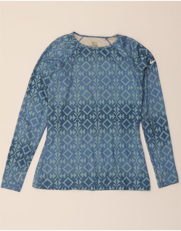 NIKE Womens Top Long Sleeve UK 14 Large Blue Geometric Polyester