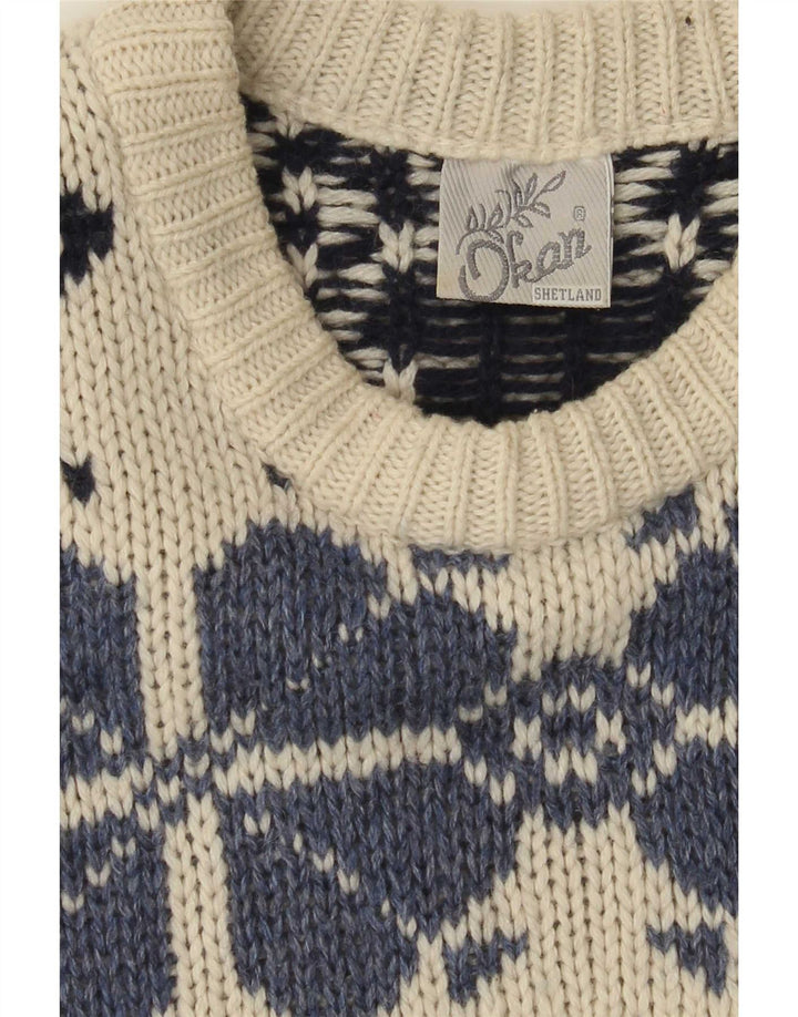 Shetland Jersey de cuello redondo para hombre, talla grande, color blanco roto, Fair Isle