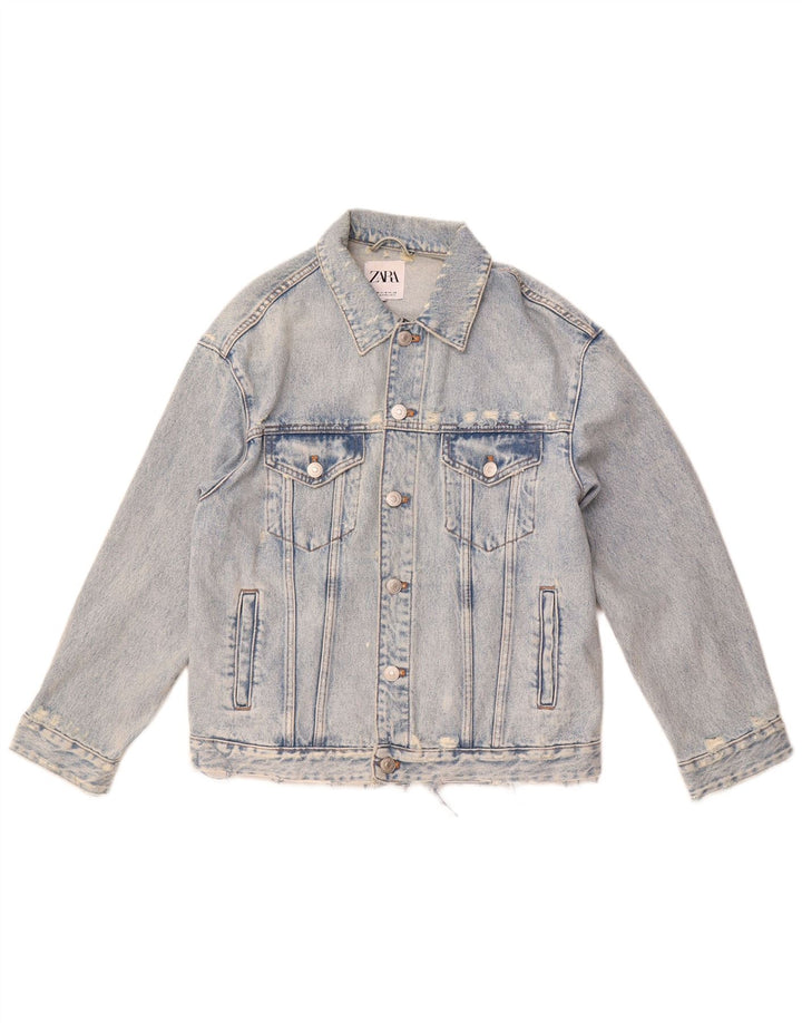 ZARA Hombre Chaqueta Vaquera Desgastada UK 38 Algodón Azul Medio