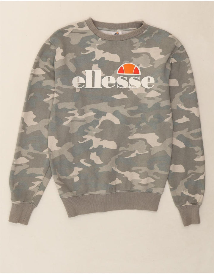 ELLESSE Womens Oversized Sweatshirt Jumper UK 8 Small Grey Camouflage Vintage Ellesse and Second-Hand Ellesse from Messina Hembry 