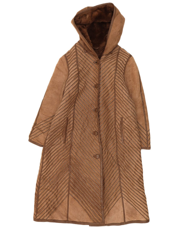 Vintage mujer con capucha shearling abrigo Reino Unido 14 medio beige rayas