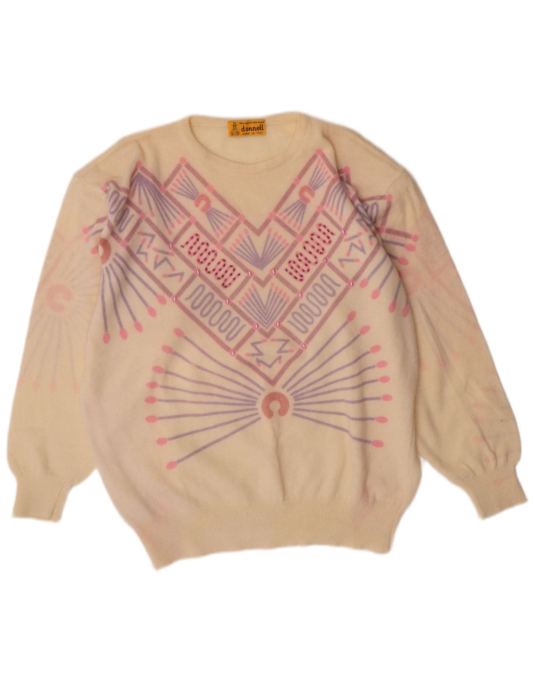 VINTAGE Mujer Crew Neck Jumper Suéter Reino Unido 16 Grande Off White Geométrico