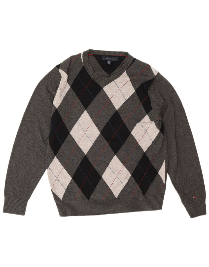 Tommy Hilfiger Suéter con Cuello en V para Hombre Gris Medio Argyle/Diamond Cotton