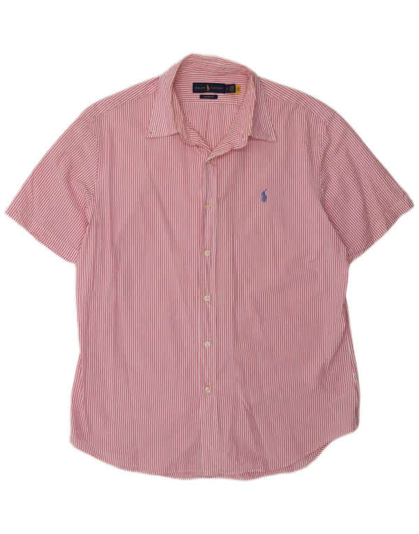 RALPH LAUREN Mens Custom Fit Short Sleeve Shirt Large Pink Striped Cotton