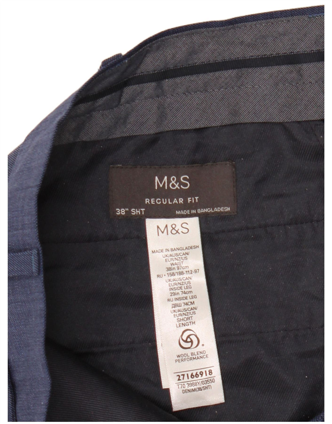 Marks & Spencer Pantalón de traje de corte regular para hombre W38 L29 Lana azul