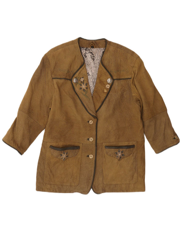 VINTAGE Chaqueta Blazer de Cuero de Manga 3/4 para Mujer EU 44 XL Caqui
