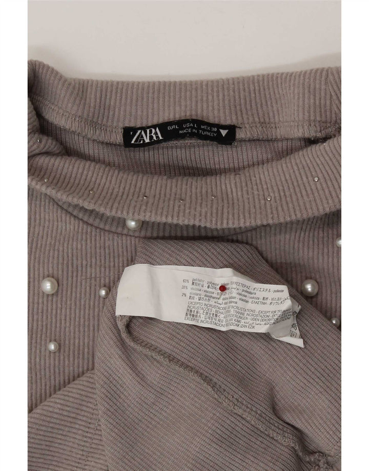 Zara Mujer Crop Top Manga Larga UK 44 Grande Poliéster Gris