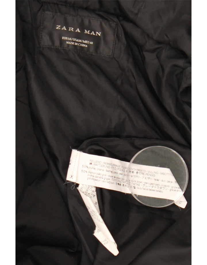 Zara Hombre Abrigo Acolchado Con Capucha UK 38 Medium Negro Poliéster