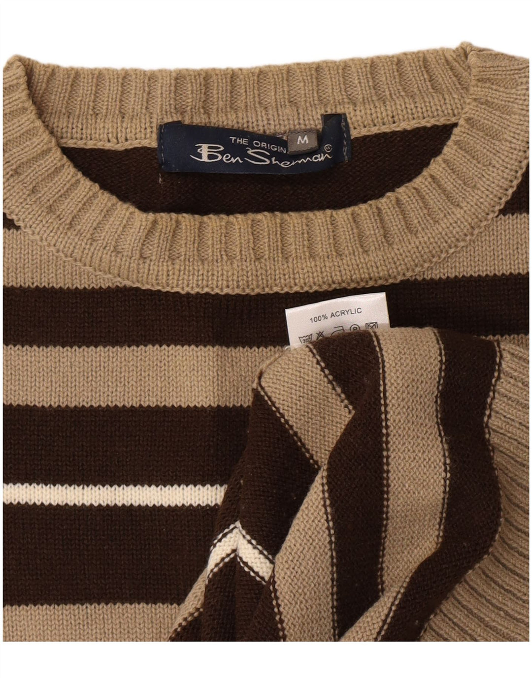 Ben Sherman - Jersey de cuello redondo para hombre, acrílico a rayas, color marrón medio