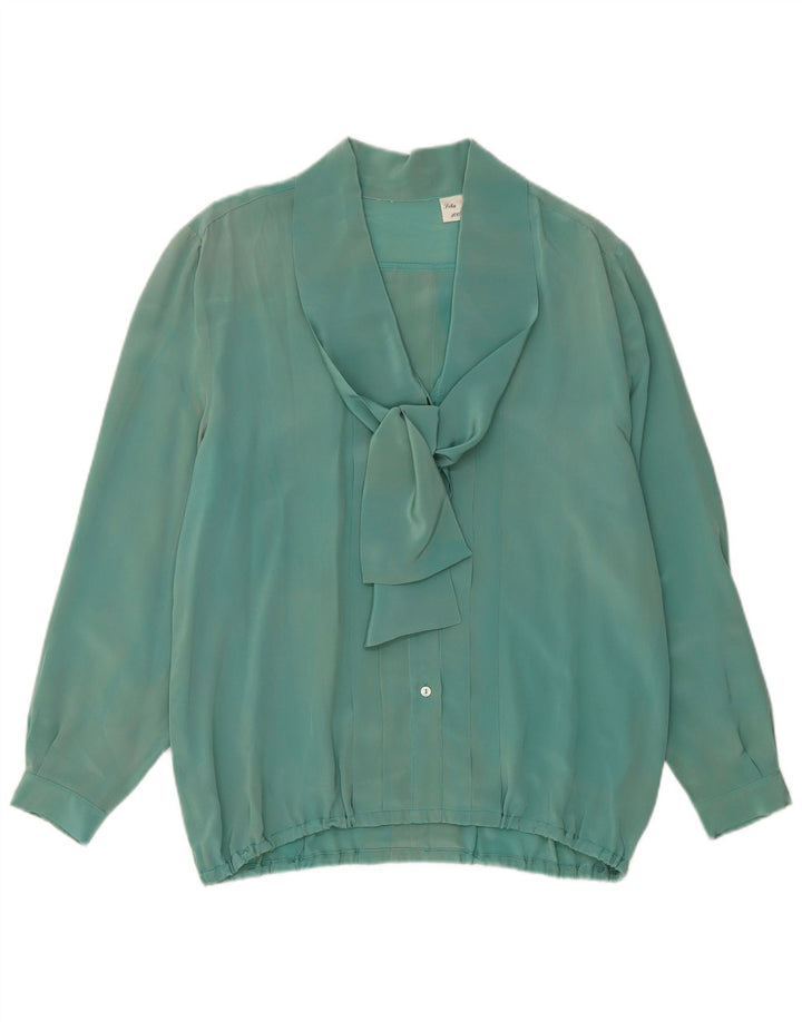 VINTAGE Blusa de manga larga con lazo frontal para mujer Top UK 16 Seda verde grande