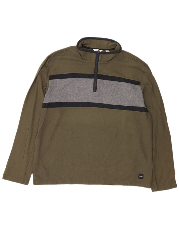 Calvin Klein Mens Zip Neck Top Manga Larga 2XL Caqui Colorblock Algodón