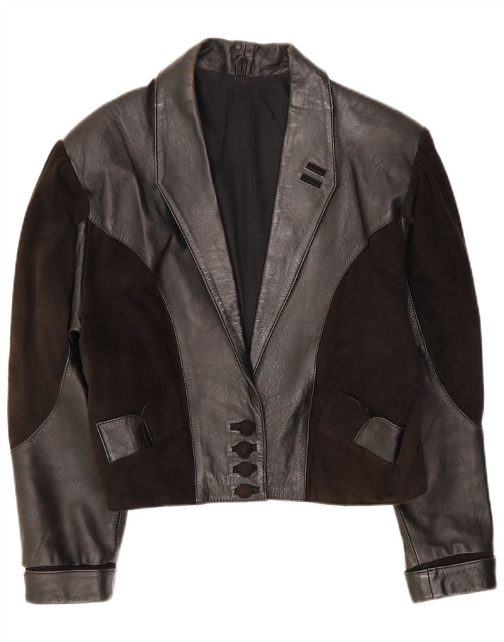 Vintage mujer chaqueta de cuero Reino Unido 14 medio negro patchwork