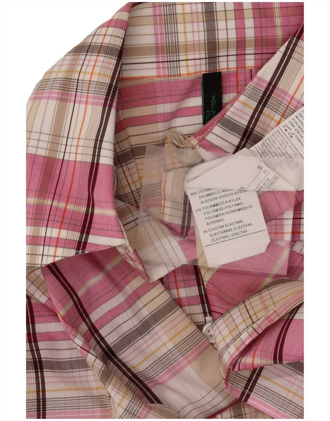 Camisa Benetton Mujer ES 40 Pequeña Algodón A Cuadros Rosa