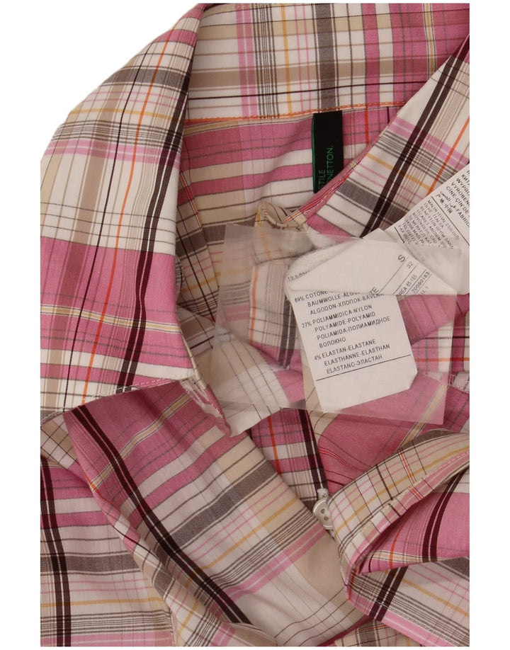 Camisa Benetton Mujer ES 40 Pequeña Algodón A Cuadros Rosa
