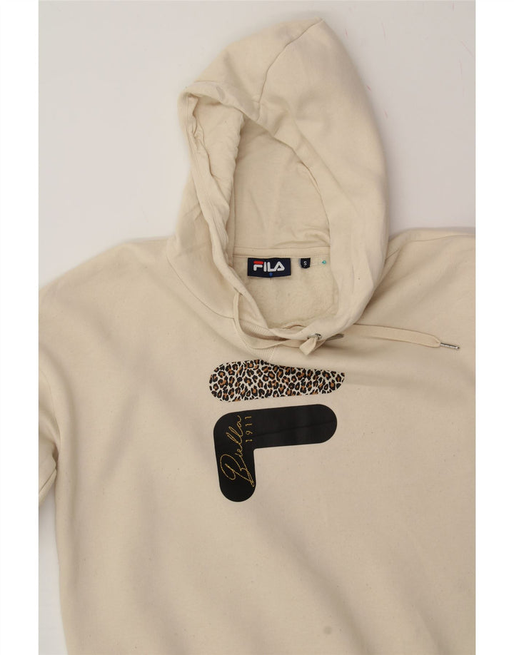 FILA Womens Graphic Hoodie Jumper UK 10 Small Off White Polyester Vintage Fila and Second-Hand Fila from Messina Hembry 