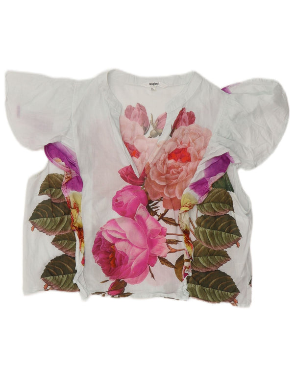 DESIGUAL Blusa corta con volantes en la parte delantera para mujer UK 40 XL Algodón floral blanco