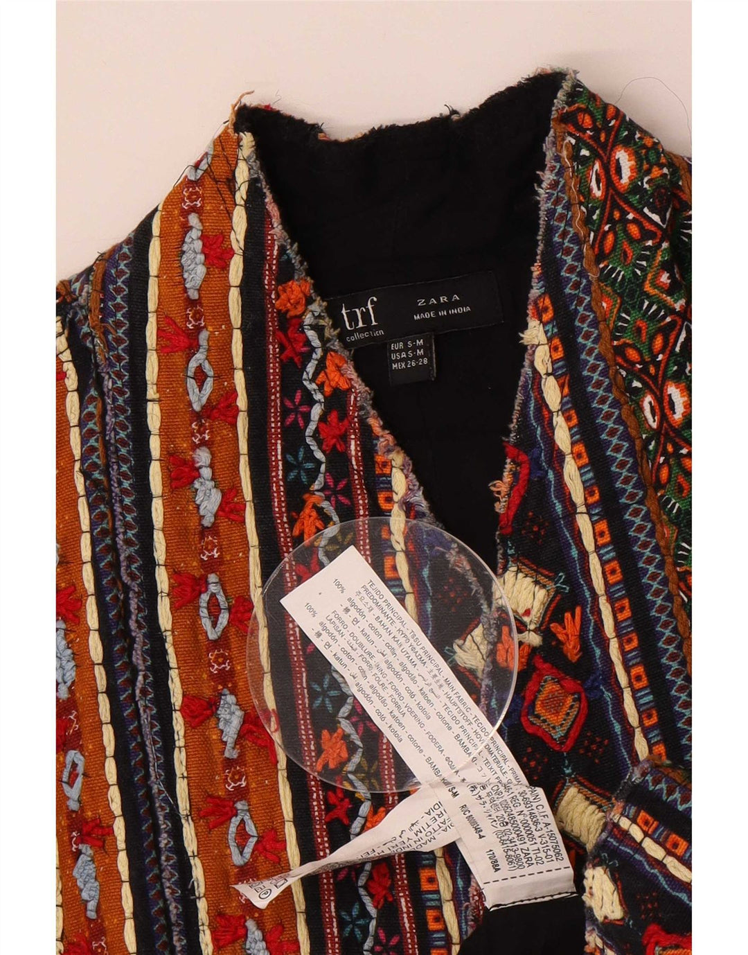 Zara Mujer Blazer Chaqueta UK 10 Small Multicolor Rayas Algodón Étnico