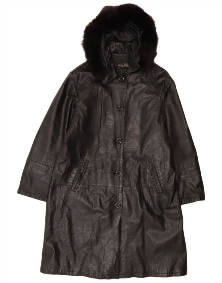 Abrigo de cuero con capucha vintage para mujer IT 48 XL Negro