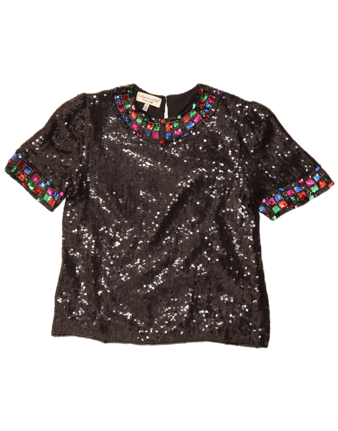Vintage mujer lentejuelas blusa Top Reino Unido 16 grande seda negra
